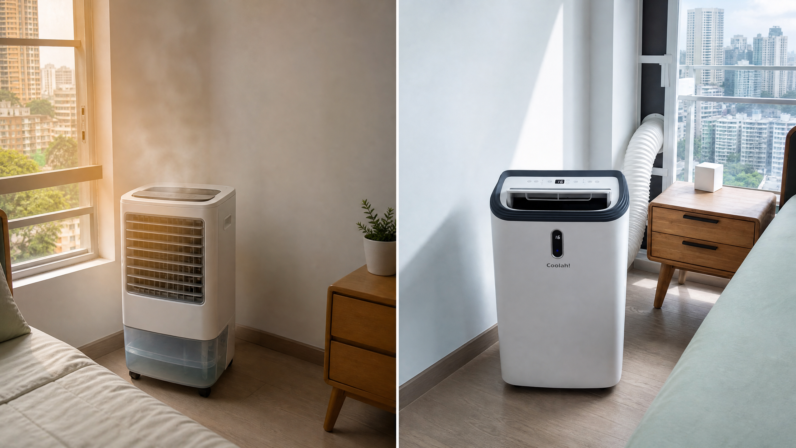 Side-by-side comparison of a generic evaporative air cooler and a Coolah portable air conditioner beside a Singapore window