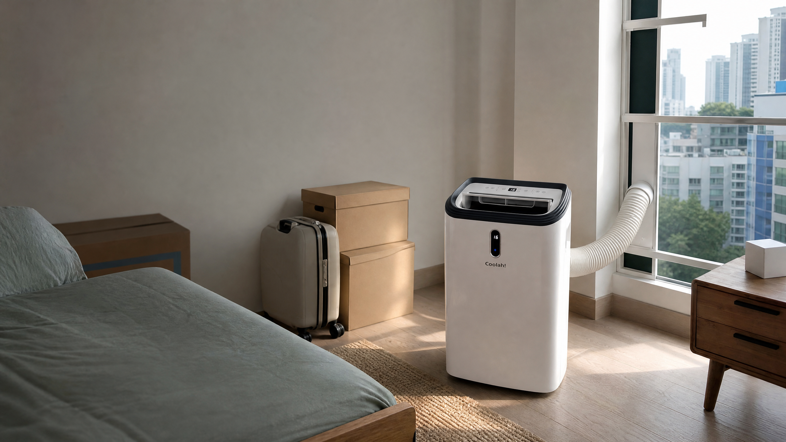 Coolah portable aircon beside a Singapore HDB window with exhaust hose, luggage and temporary-living boxes