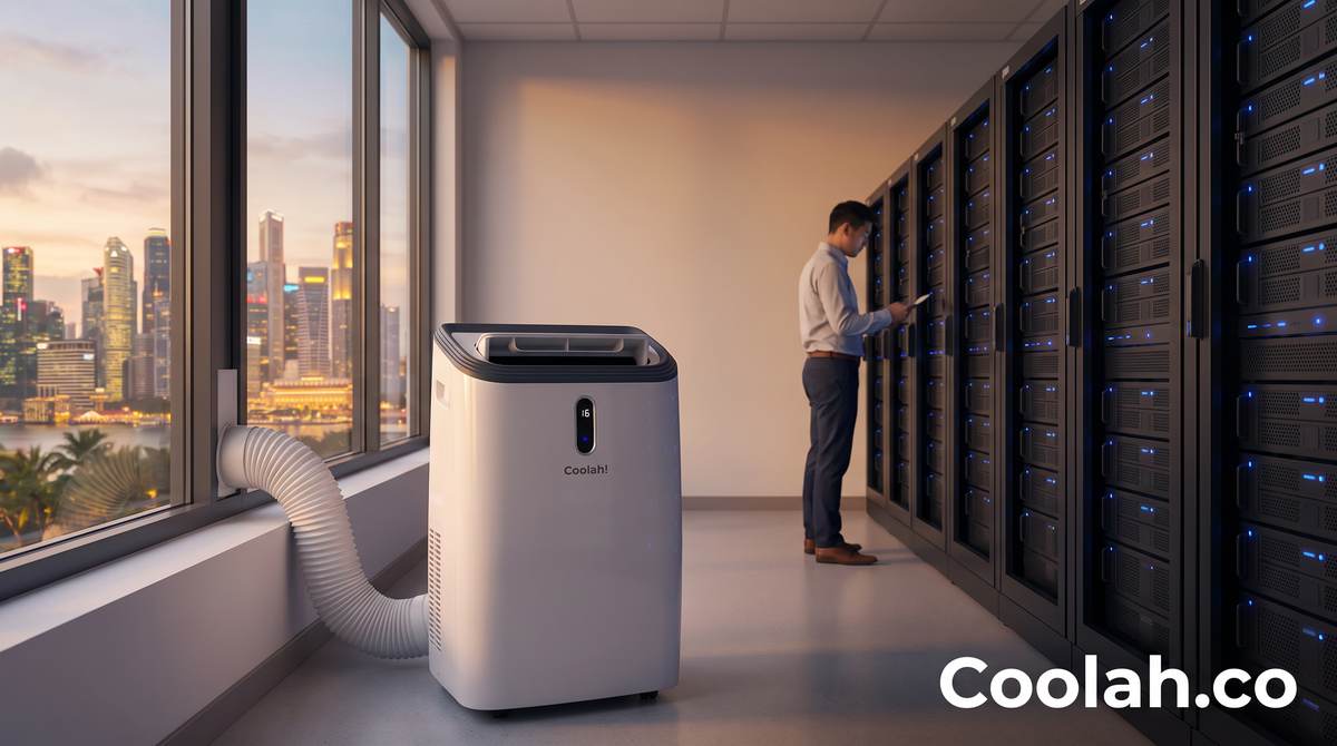 Coolah portable aircon providing emergency server room cooling beside a Singapore office window