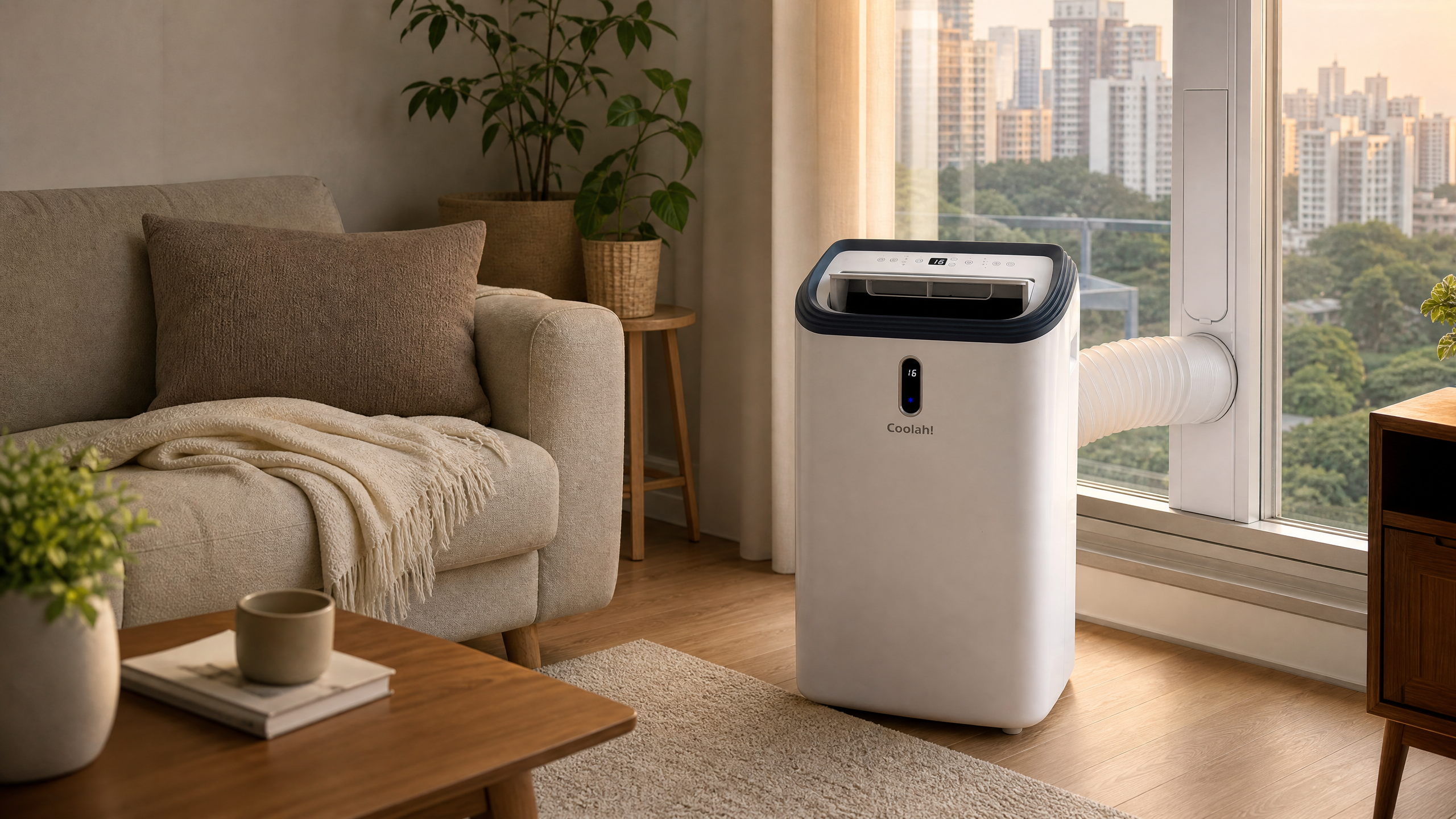 Coolah portable aircon beside a window with exhaust hose in a Singapore home