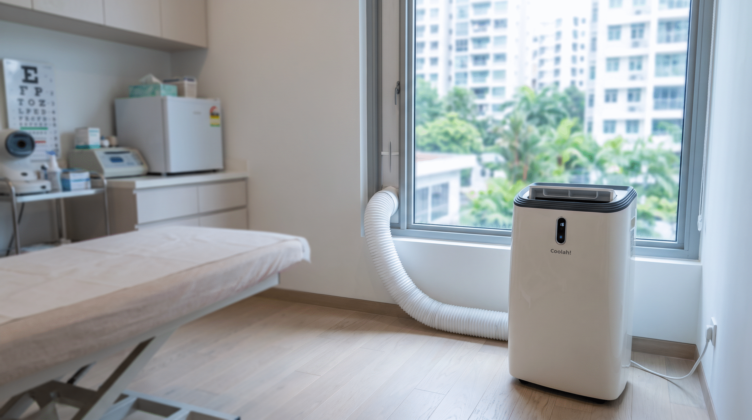 Coolah portable air conditioner providing emergency cooling in a Singapore clinic near Lakeside MRT
