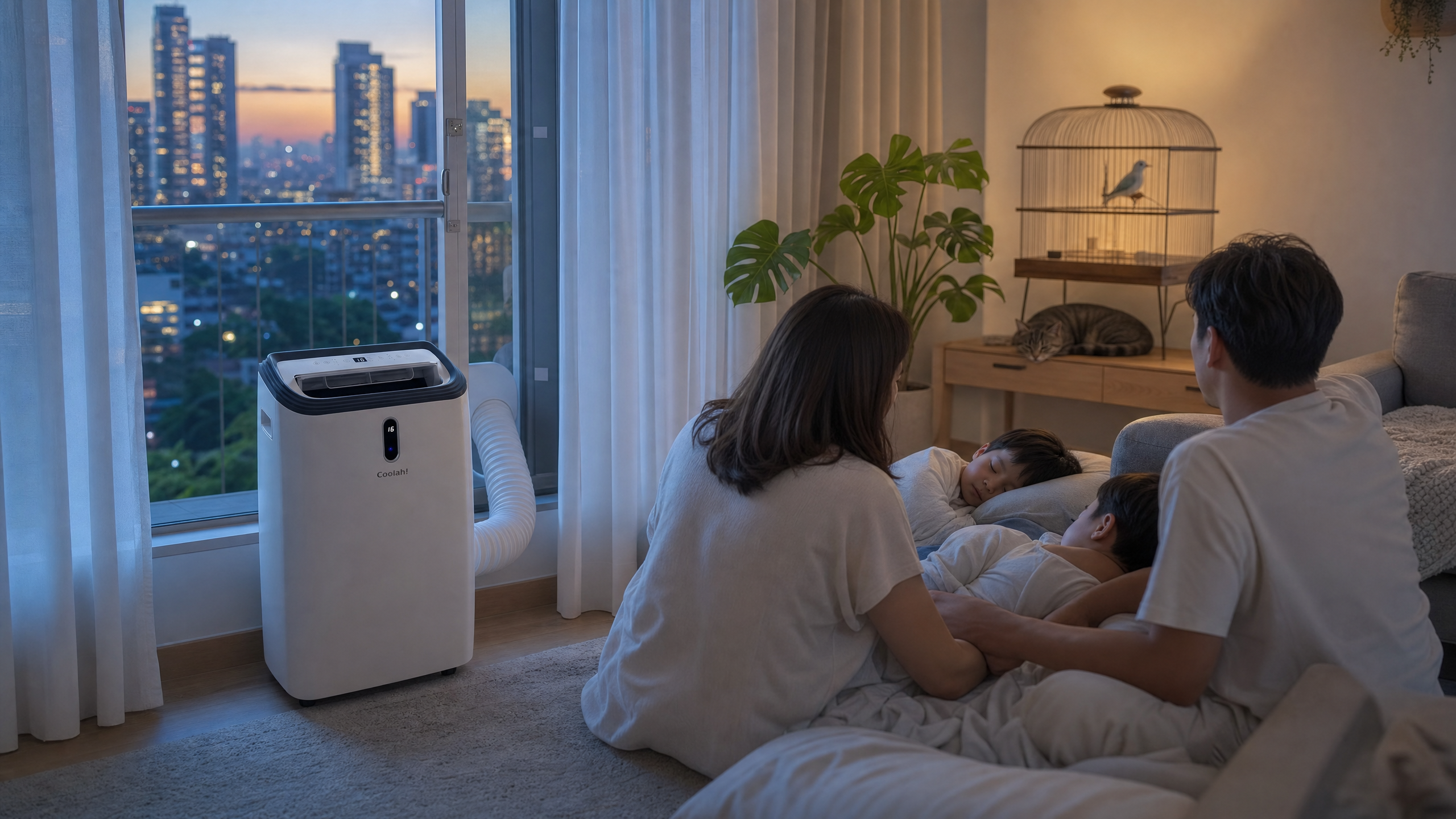 Coolah portable air con providing temporary cooling relief in a Singapore home