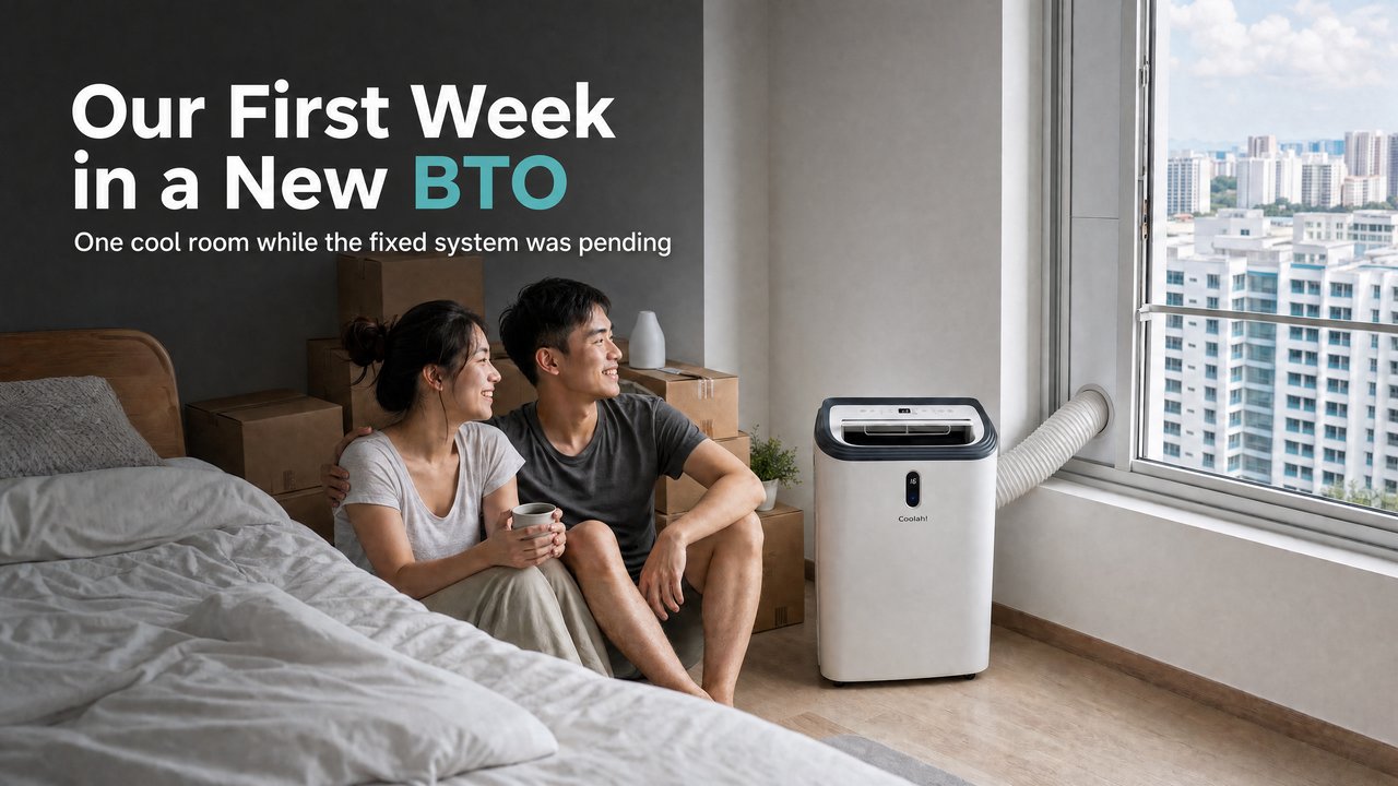 Illustrative Coolah portable aircon beside a window in a new Singapore BTO bedroom during move-in