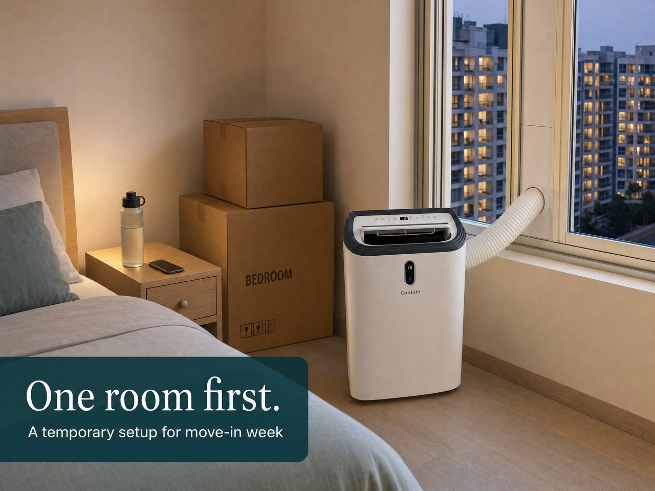 Illustrative temporary Coolah portable aircon setup in a Singapore BTO bedroom